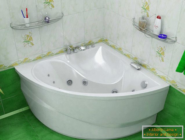 Беласнежная кутняя ванна на фоне зялёнай пліткі