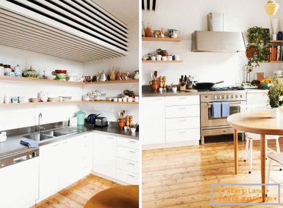Скандынаўскі дызайн кухні ў хрушчоўцы - на фота з адкрытымі паліцамі