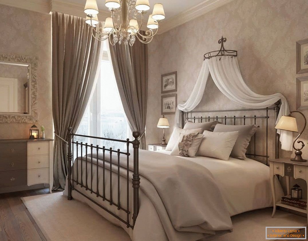 Рамантычны дызайн спальні ў класічным стылі