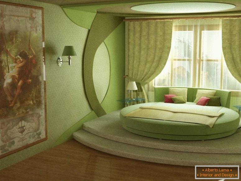 Зялёная спальня з круглай ложкам
