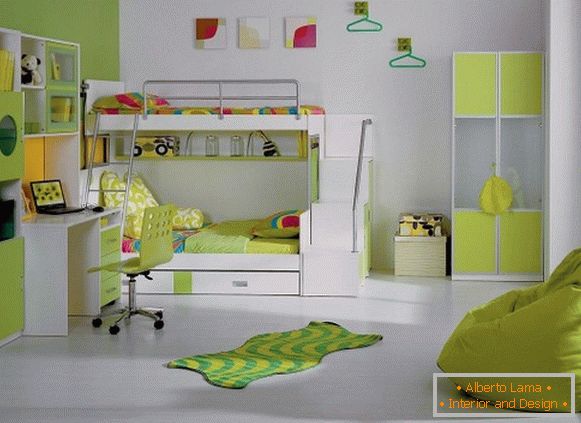 сучасны дызайн інтэр'еру дзіцячай спальні ў светла-зялёным каляровым рашэнні