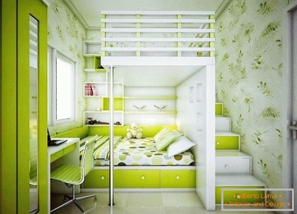 зелёный інтэр'ер дзіцячай спальні для двух девочек