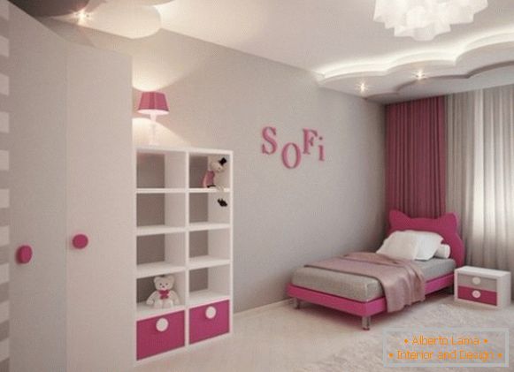просторный серо-розовый інтэр'ер дзіцячай спальні