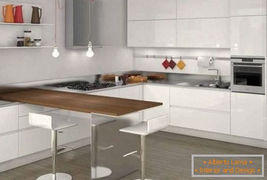Белая кухня з барнай стойкай з дрэва