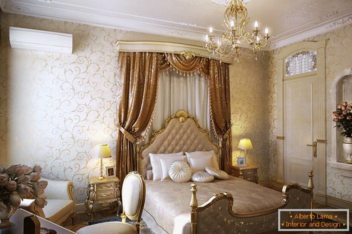Толькі правільна падабраная мэбля, як у гэтай спальні, можа стаць яркім прыкладам барочнага стылю.