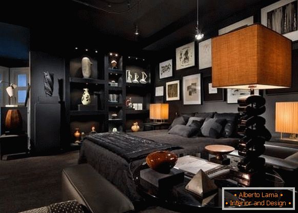 Модная спальня ў чорным колеры