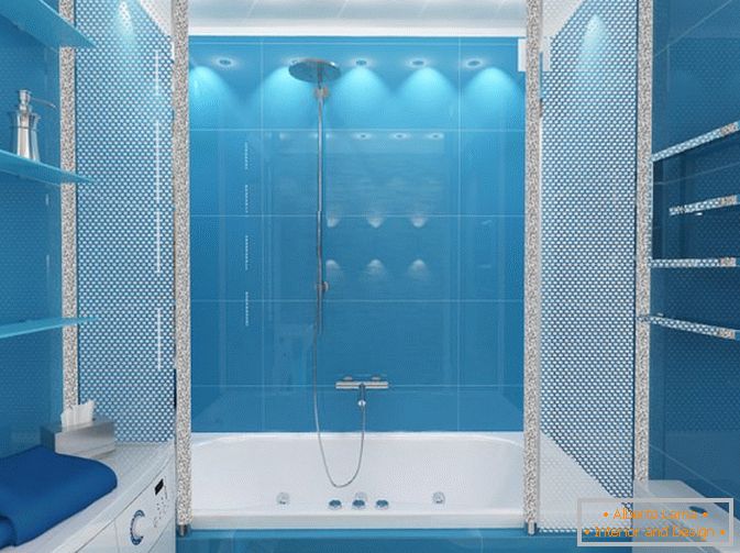 Раскошнае афармленне ванны ў блакітных танах