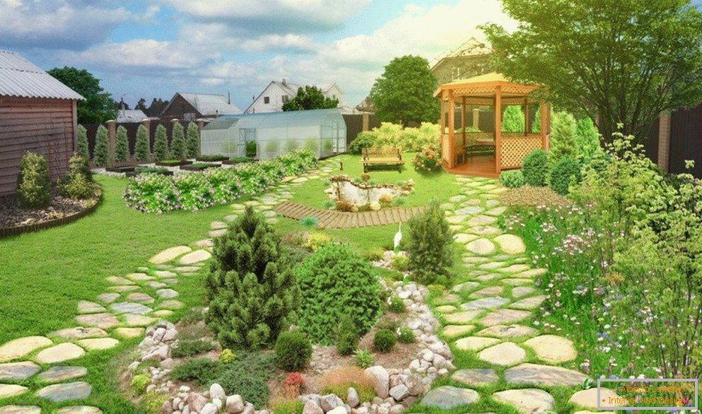 Сад з альтанкай і дарожкамі з каменя