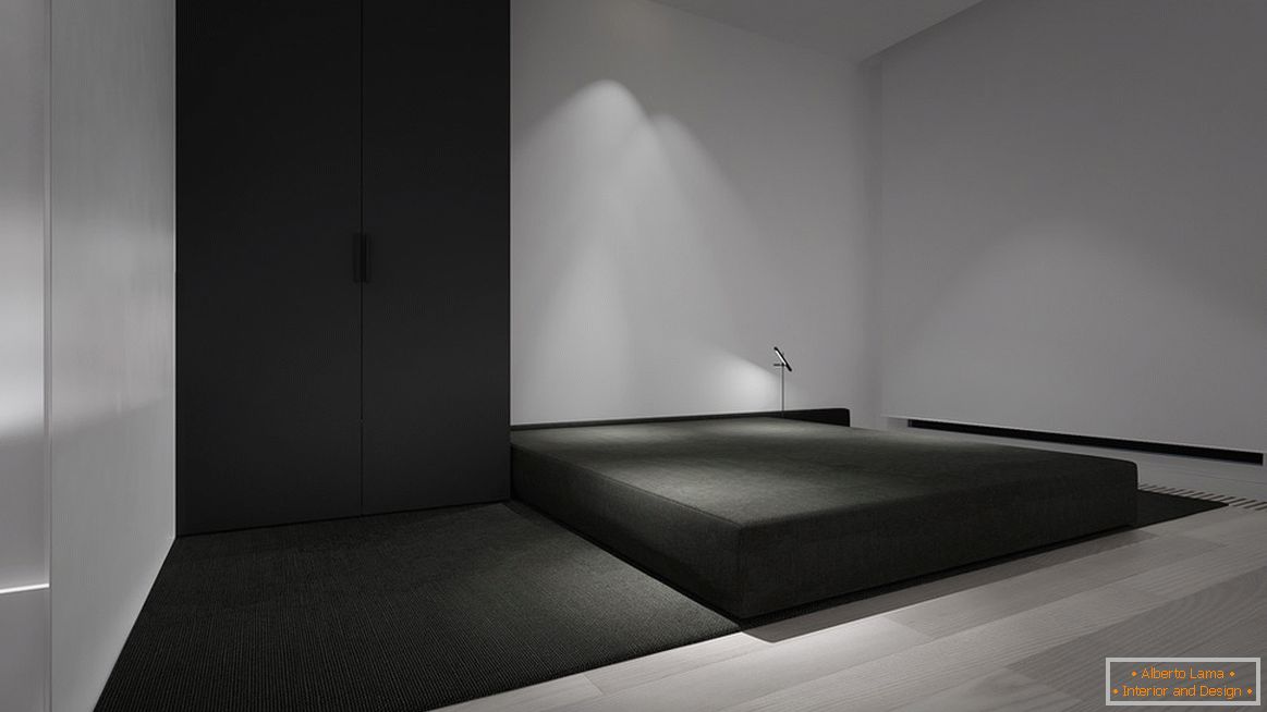 Спальня ў стылі мінімалізм - самы яскравы прыклад асаблівасці афармлення. Галоўная асаблівасць - мінімум мэблі.