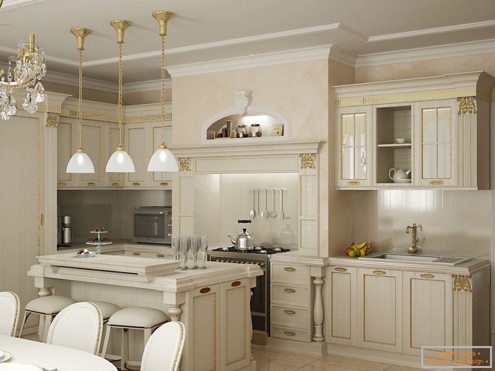 Белая кухня з пазалочанай аздабленнем фасадаў