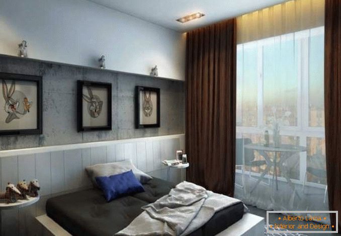 Балкон з панарамнымі вокнамі ў інтэр'еры спальні - фота 2017