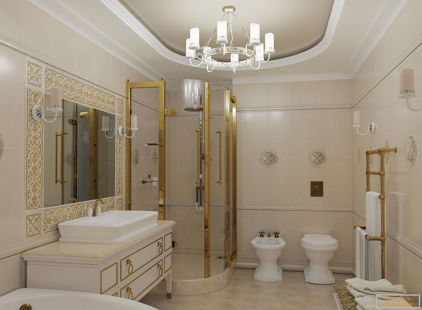 Душавая кабіна в ванной в классическом стиле