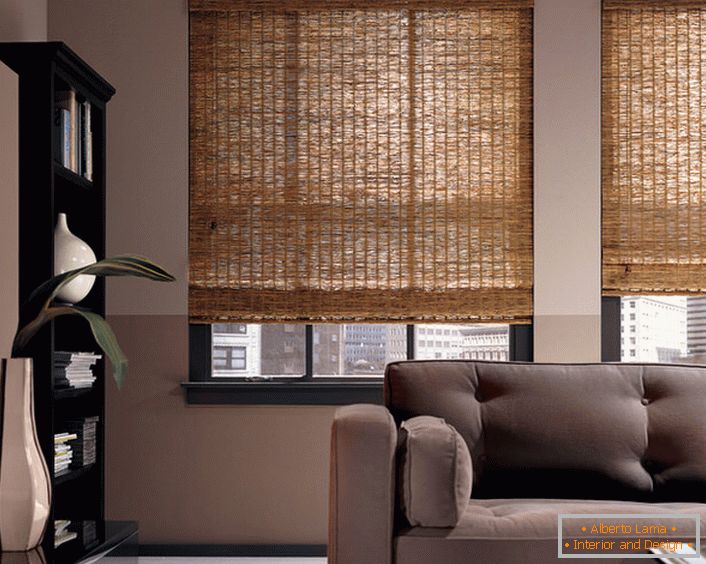 Пад'ёмныя шторы з бамбука - нестандартны варыянт афармлення інтэр'еру сучаснай прасторнай гасцінай або офіса.